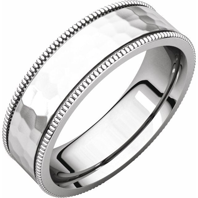 14k White 6 Mm Flat Milgrain Band With Satin & Hammered Texture Size 8