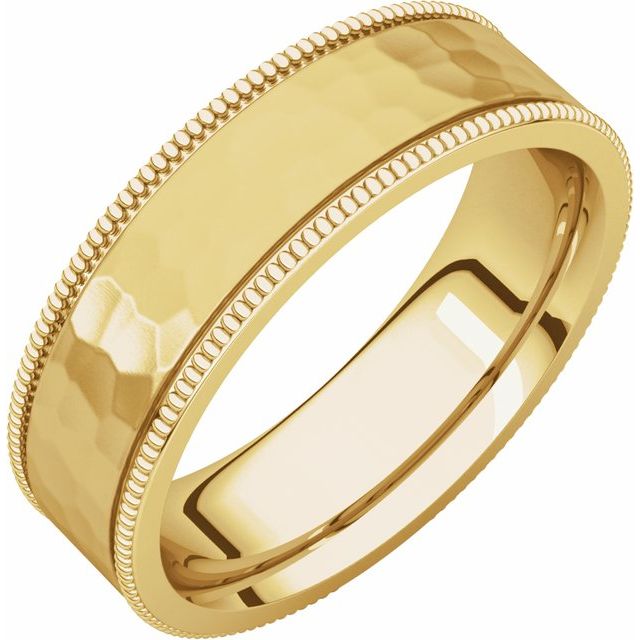 14k Yellow 6 Mm Flat Milgrain Band With Satin & Hammered Texture Size 9