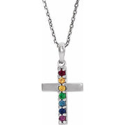 14K White Natural Multi-Gemstone Cross 16-18' Necklace