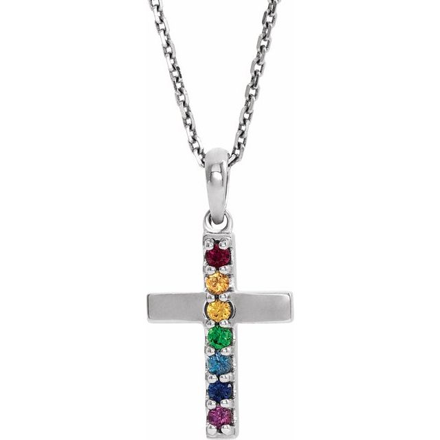 14K White Natural Multi-Gemstone Cross 16-18' Necklace