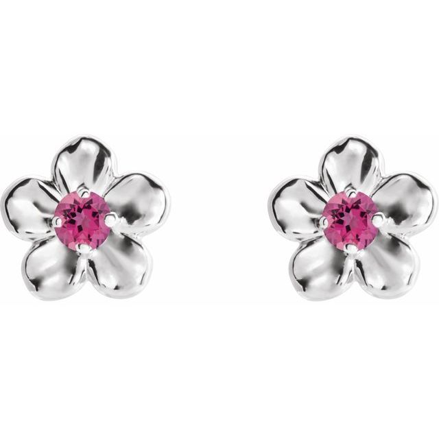 14k White Imitation Pink Tourmaline October Birthstone Flower Earrings