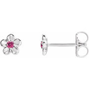 14k White Imitation Pink Tourmaline October Birthstone Flower Earrings