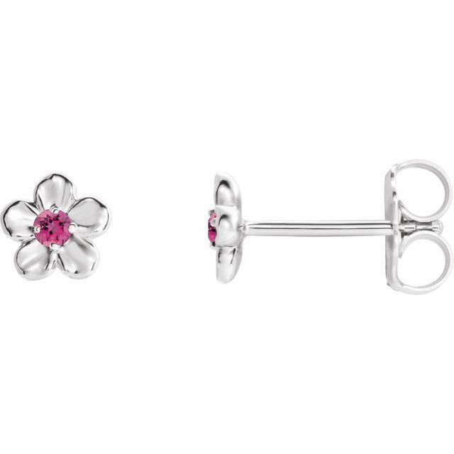 14k White Imitation Pink Tourmaline October Birthstone Flower Earrings