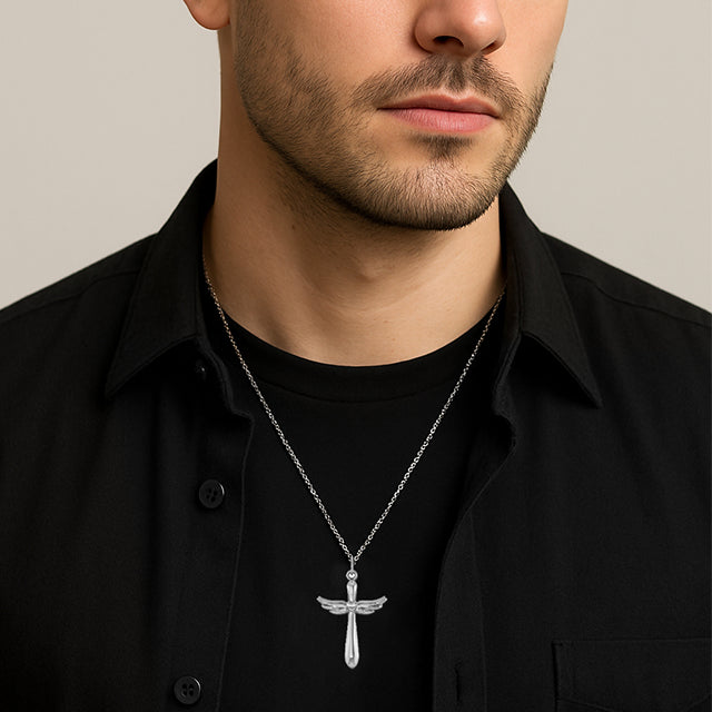 Sterling Silver Angel Wings Heart Cross Pendant