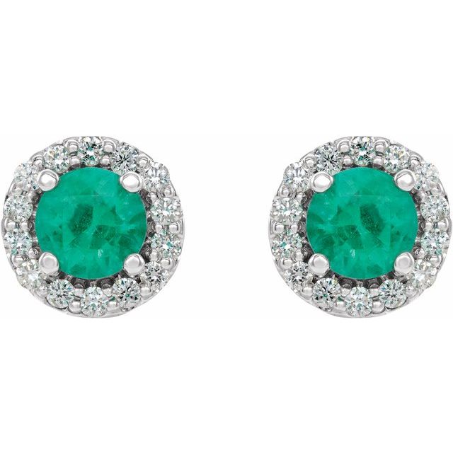 14K White 4 mm Natural Emerald & 1/8 CTW Natural Diamond Earrings