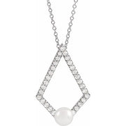 14K White Cultured White Freshwater Pearl & 1/4 CTW Natural Diamond Geometric 16-18' Necklace