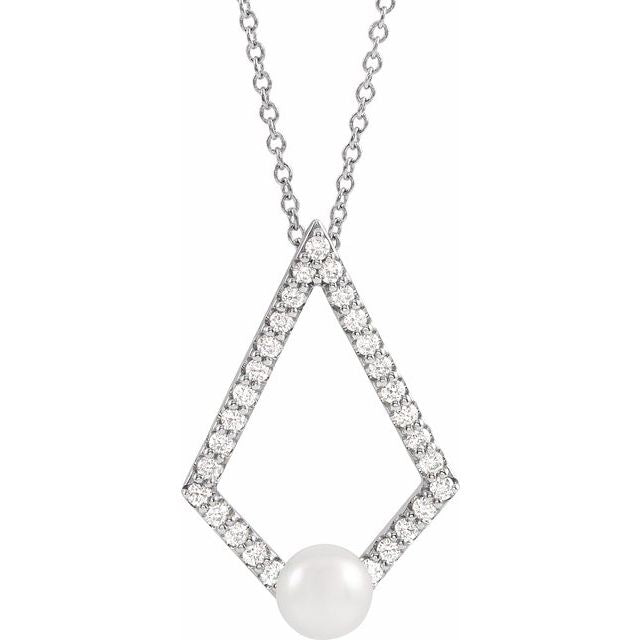 14K White Cultured White Freshwater Pearl & 1/4 CTW Natural Diamond Geometric 16-18' Necklace