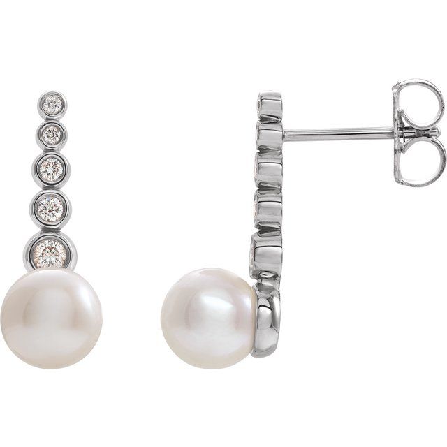 14K White Cultured White Freshwater Pearl & 1/8 CTW Natural Diamond Earrings