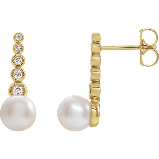 14K Yellow Cultured White Freshwater Pearl & 1/8 CTW Natural Diamond Earrings