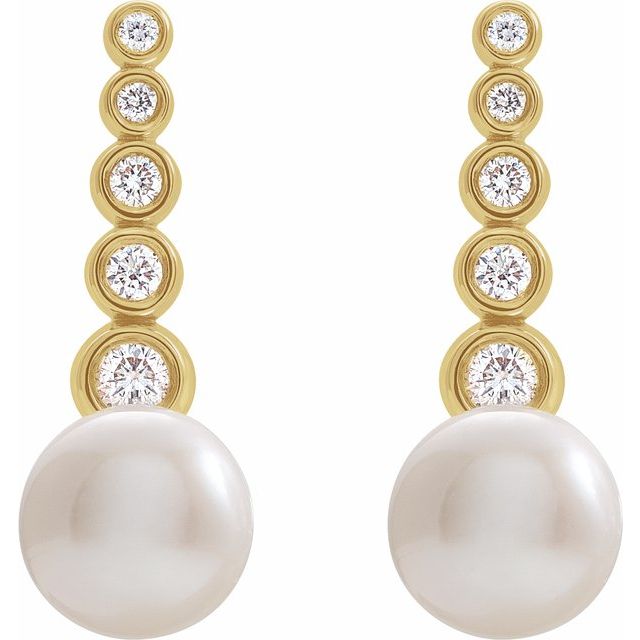 14K Yellow Cultured White Freshwater Pearl & 1/8 CTW Natural Diamond Earrings