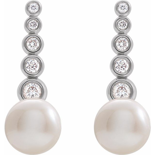 14K White Cultured White Freshwater Pearl & 1/8 CTW Natural Diamond Earrings