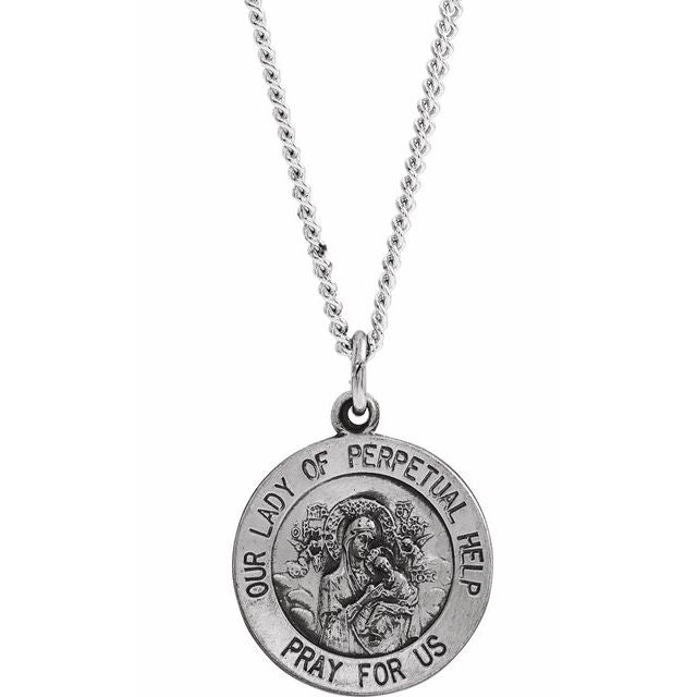 Sterling Silver 15 mm Round Our Lady of Perpetual Help 18' Necklace