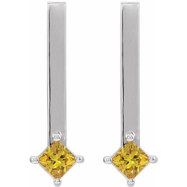 14K White Natural Yellow Sapphire Bar Drop Earrings