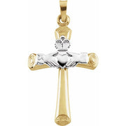 14K Yellow/White 27x19.5 mm Hollow Claddagh Cross Pendant