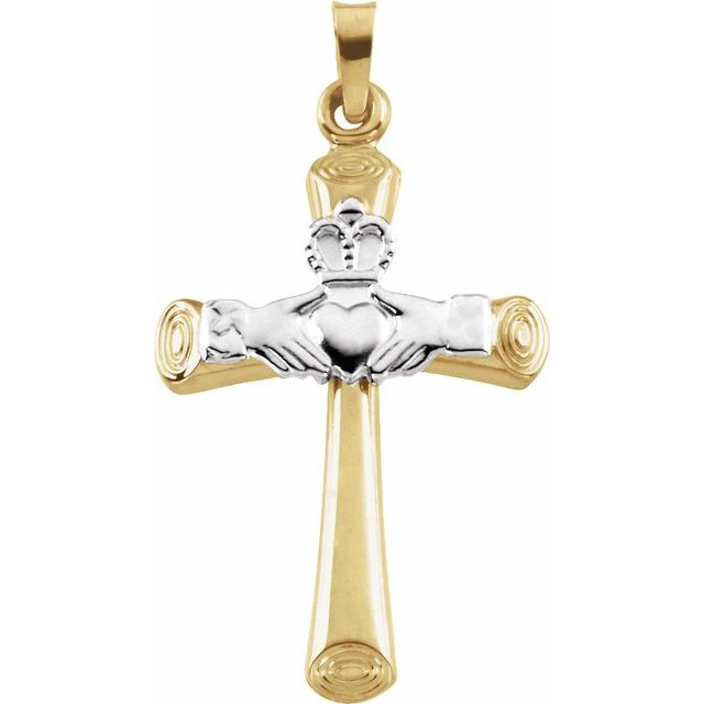 14K Yellow/White 27x19.5 mm Hollow Claddagh Cross Pendant