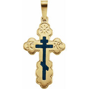 14K Yellow 19x13 mm Blue Enamel Orthodox Cross Pendant