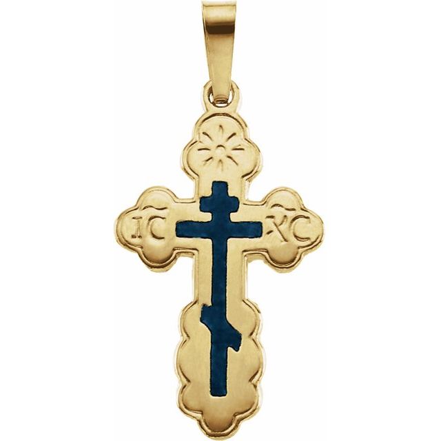 14K Yellow 19x13 mm Blue Enamel Orthodox Cross Pendant