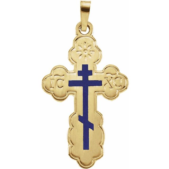 14K Yellow 26x17 mm Blue Enamel Orthodox Cross Pendant