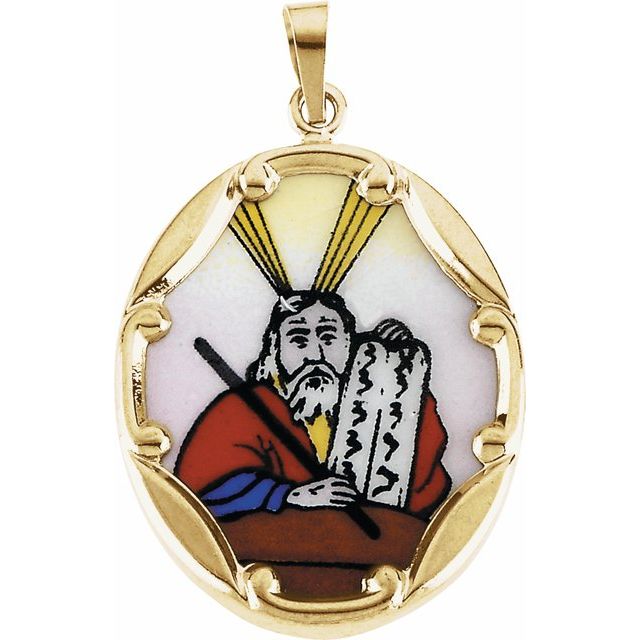 14k Yellow 25x19.5 Mm Moses Hand-painted Porcelain Medal