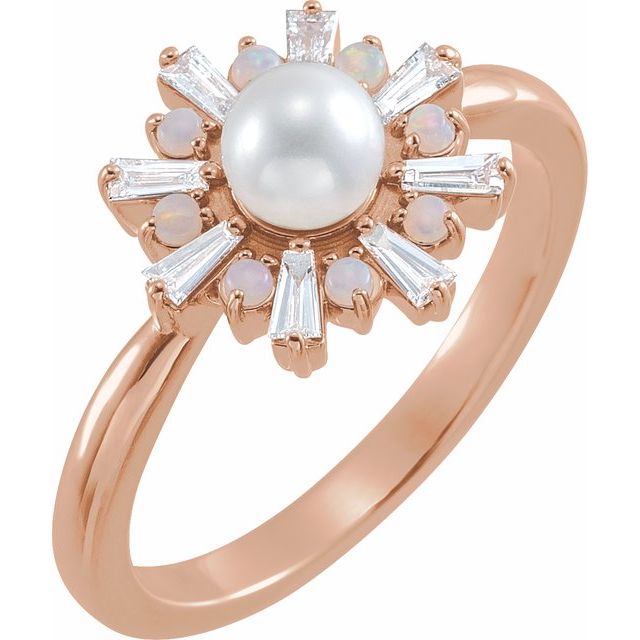 14K Rose  Cultured White Akoya Pearl, Natural White Opal & 1/4 CTW Natural Diamond