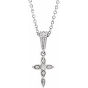 14K White .03 CTW Natural Diamond Petite Vintage-Inspired 16-18' Cross Necklace