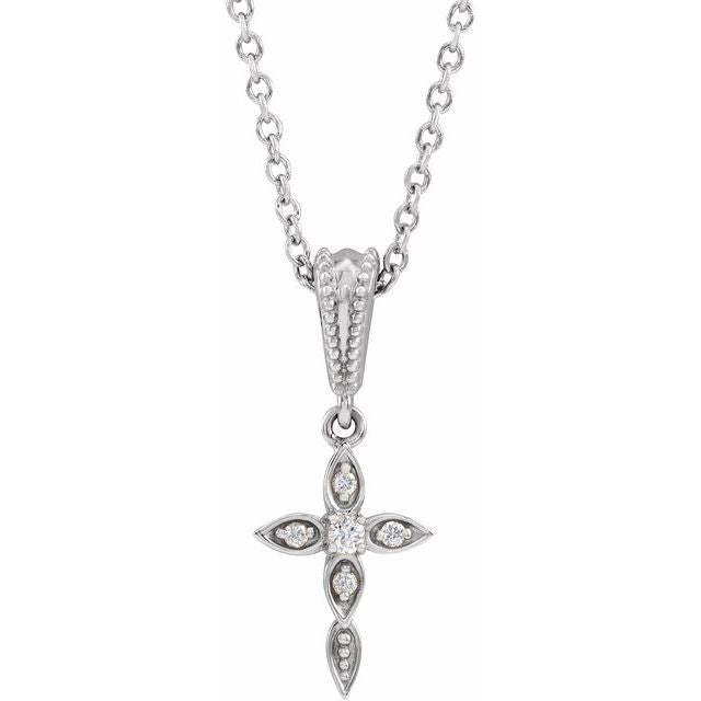 14K White .03 CTW Natural Diamond Petite Vintage-Inspired 16-18' Cross Necklace