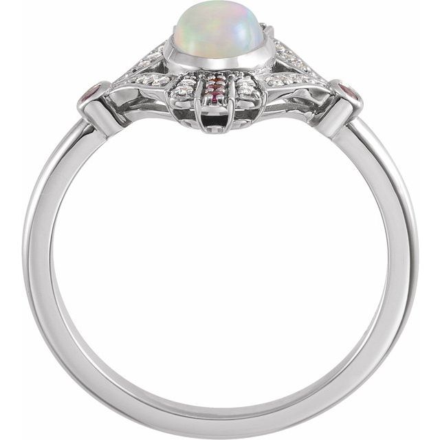 14K White Natural Ethiopian Opal, Natural Pink Sapphire & .06 CTW Natural Diamond Cabochon Ring