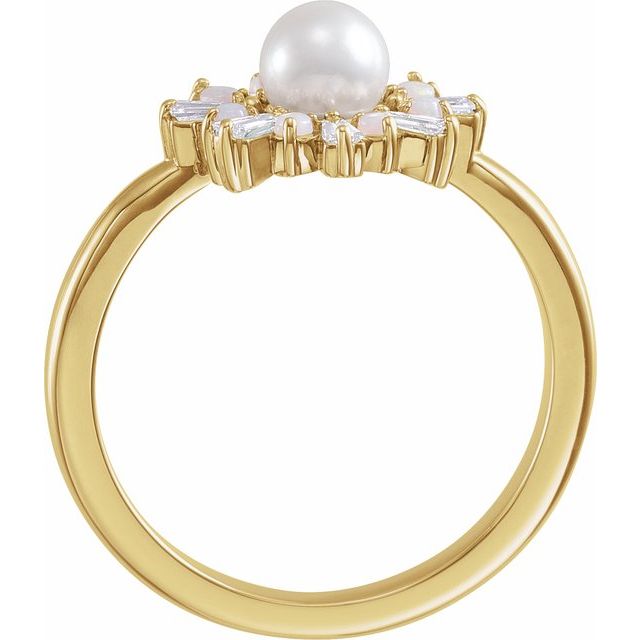 14K Yellow  Cultured White Akoya Pearl, Natural White Opal & 1/4 CTW Natural Diamond