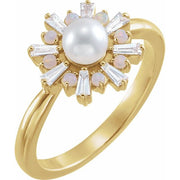 14K Yellow  Cultured White Akoya Pearl, Natural White Opal & 1/4 CTW Natural Diamond