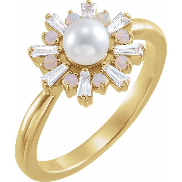 14K Yellow  Cultured White Akoya Pearl, Natural White Opal & 1/4 CTW Natural Diamond