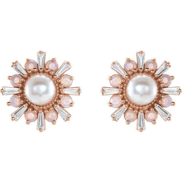 14K Rose Cultured White Akoya Pearl, Natural White Opal & 1/6 CTW Natural Diamond Earrings