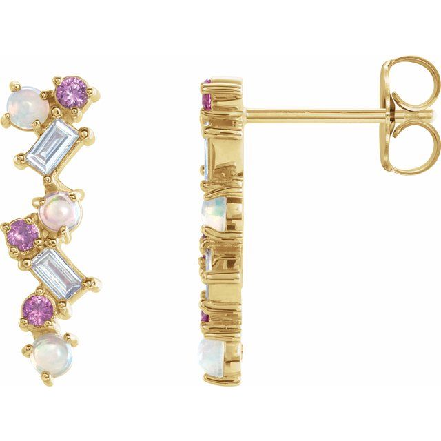 14K Yellow Natural Ethiopian Opal, Natural Pink Sapphire & 1/10 CTW Natural Diamond Scattered Bar Earrings