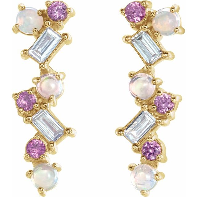 14K Yellow Natural Ethiopian Opal, Natural Pink Sapphire & 1/10 CTW Natural Diamond Scattered Bar Earrings