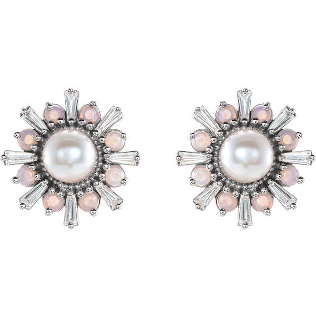14K White Cultured White Akoya Pearl, Natural White Opal & 1/6 CTW Natural Diamond Earrings