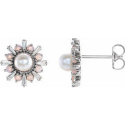 14K White Cultured White Akoya Pearl, Natural White Opal & 1/6 CTW Natural Diamond Earrings