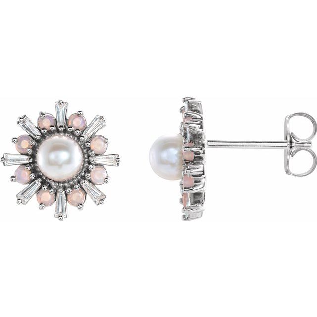 14K White Cultured White Akoya Pearl, Natural White Opal & 1/6 CTW Natural Diamond Earrings
