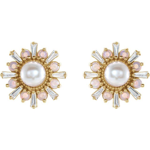 14K Yellow Cultured White Akoya Pearl, Natural White Opal & 1/6 CTW Natural Diamond Earrings