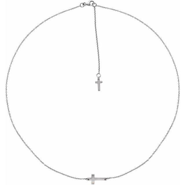 14K White .01 CT Natural Diamond Sideways Cross Necklace