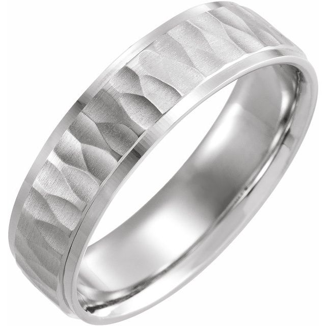 14K White 6 mm Step-Edge Band with Matte Hammered Textured Size 8.5