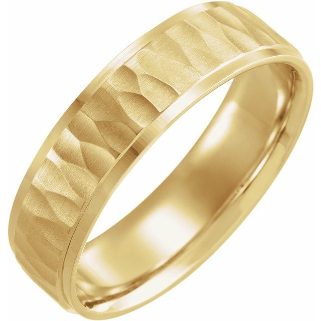 14k Yellow 6 Mm Step-edge Band With Matte Hammered Textured Size 9.5