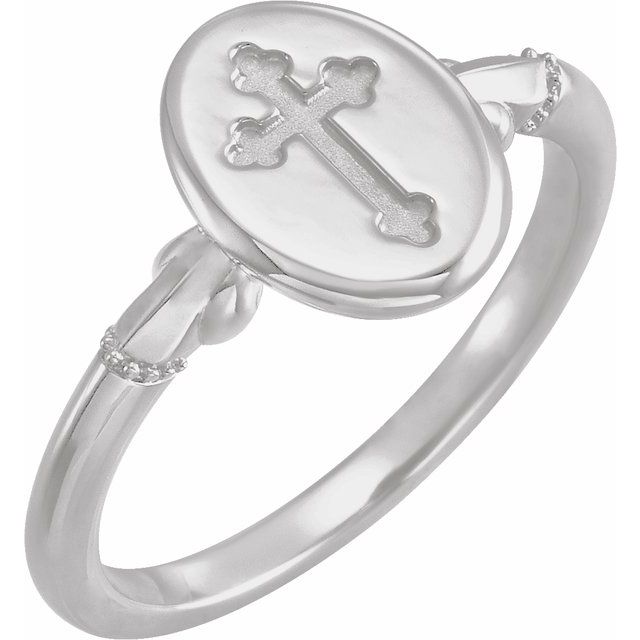 Sterling Silver 11.5x8.8 mm Oval Cross Signet Ring