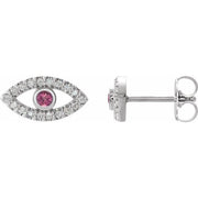 14K White Natural Pink Tourmaline & Natural White Sapphire Evil Eye Earrings