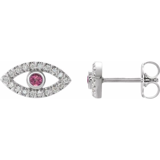14K White Natural Pink Tourmaline & Natural White Sapphire Evil Eye Earrings