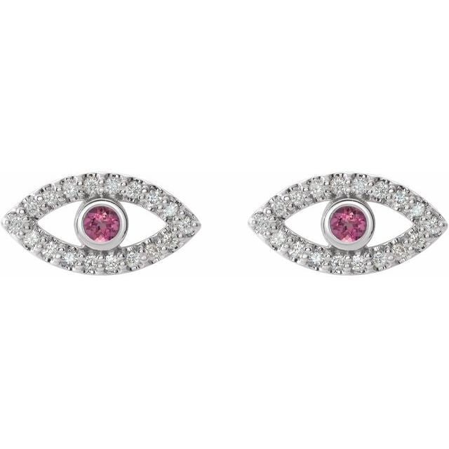 14K White Natural Pink Tourmaline & Natural White Sapphire Evil Eye Earrings