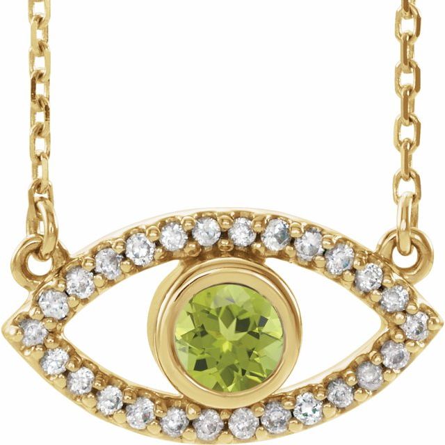 14K Yellow Natural Peridot & Natural White Sapphire Evil Eye 18' Necklace