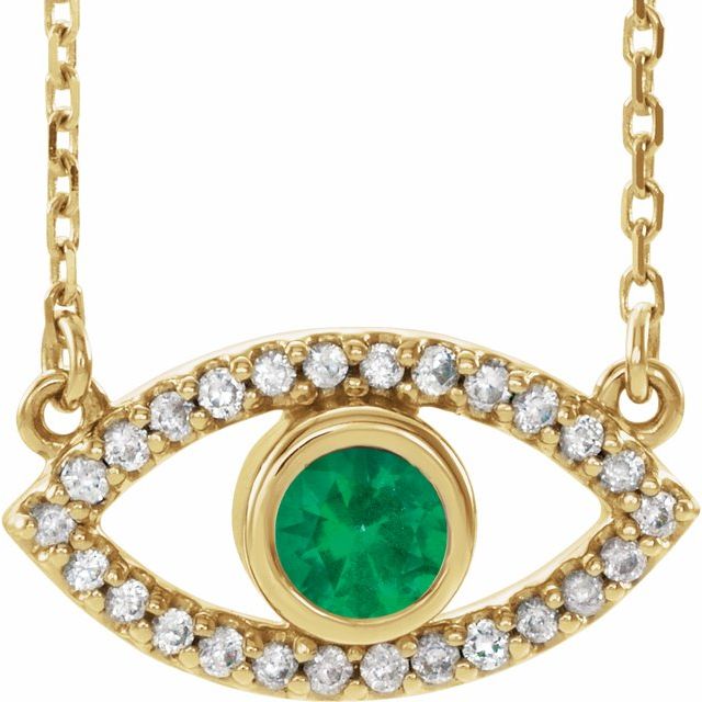 14K Yellow Natural Emerald & Natural White Sapphire Evil Eye 18' Necklace