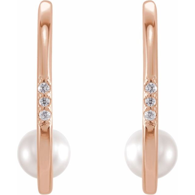 14K Rose Cultured White Freshwater Pearl & .025 CTW Natural Diamond Hoop Earrings