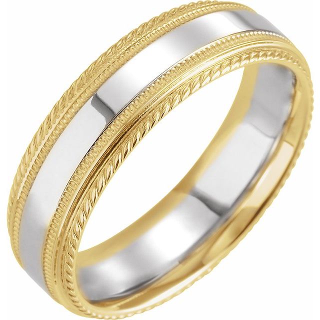 14k Yellow/white/yellow 6 Mm Milgrain Rope Stepped-edge Comfort-fit Band Size 8.5