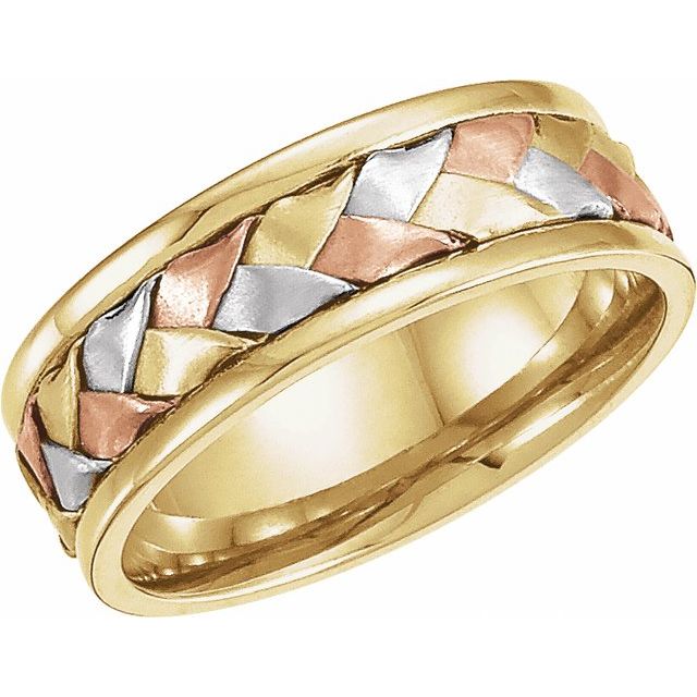 14k Yellow/white/rose 7.75 Mm Hand-woven Flat Comfort-fit Band Size 6