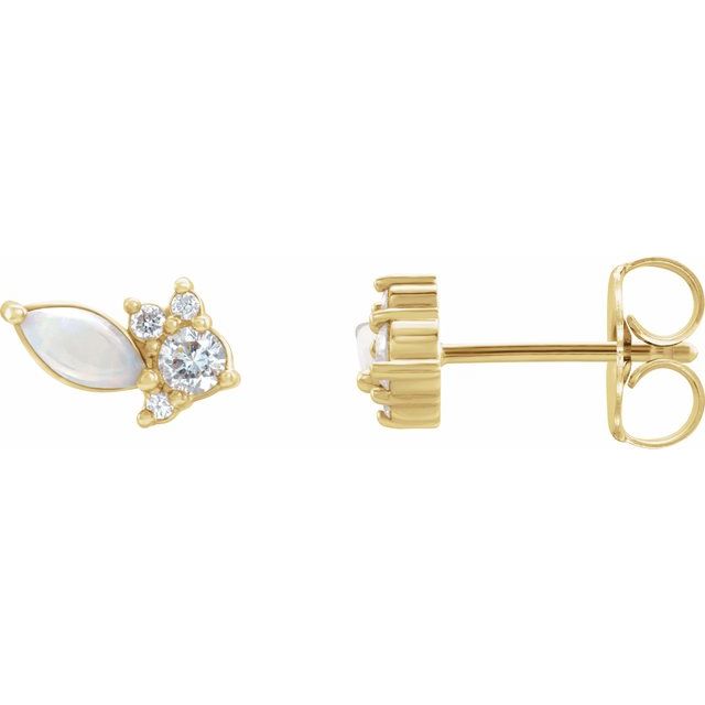 14k Yellow Australian Natural White Opal & 1/6 Ctw Natural Diamond Cluster Earrings